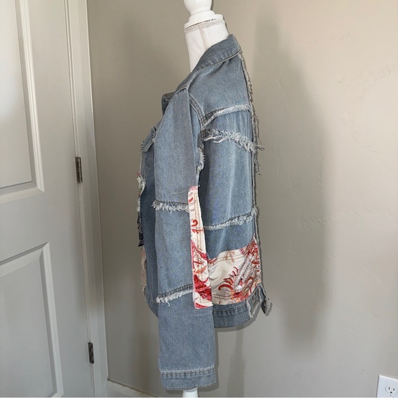 Patchwork Denim and Lace Jacket Distressed Boho Denim Shacket Mixed Floral Lace - Picture 8 of 17